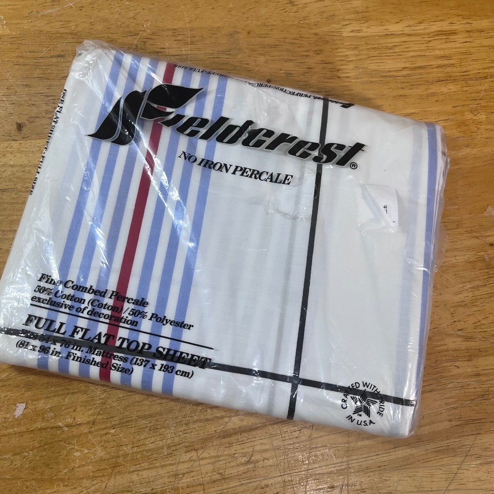 Vtg Fieldcrest Full Flat Top Sheet White Blue Red Striped No Iron Percale NIP